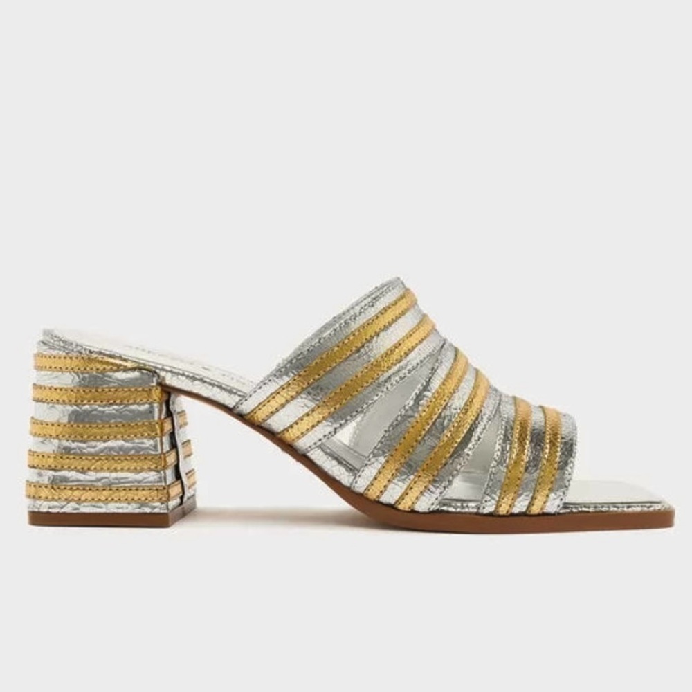 NWOT Arezzo Leather Heidi Heeled Sandals Silver Gold Size 9.5 - Picture 9 of 10